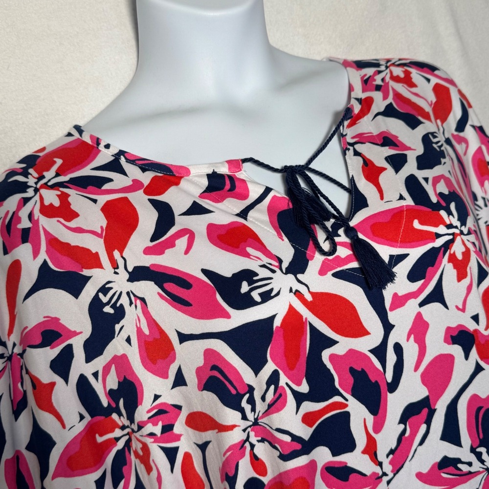 Carole Hochman Floral Caftan Sleep Dress Pink Navy Blue Tassel Tie Large Lounge